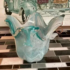 Murano Blue Vase Italy Art Deco Glass Bowl 5” Turquoise Abstract Art Modern